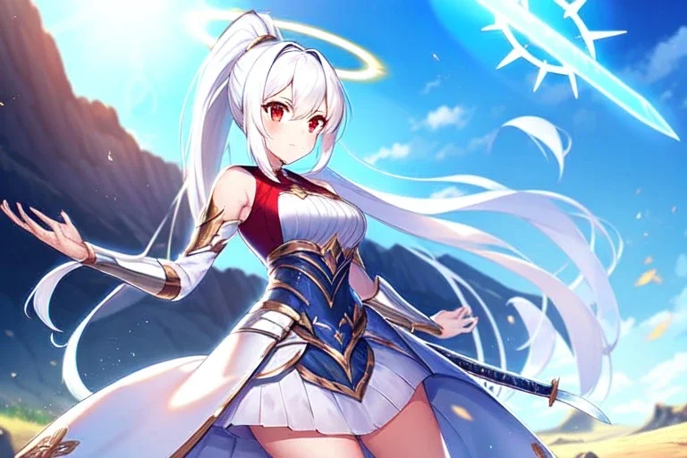 girl, masterpiece, best quality, volumetric lighting, detailed outfit, perfect eyes, long hair, white hair, red eyes, ponytail, armored dress, dynamic pose, halo, white wings, sword, landscape, fisheye, lens flare abuse,