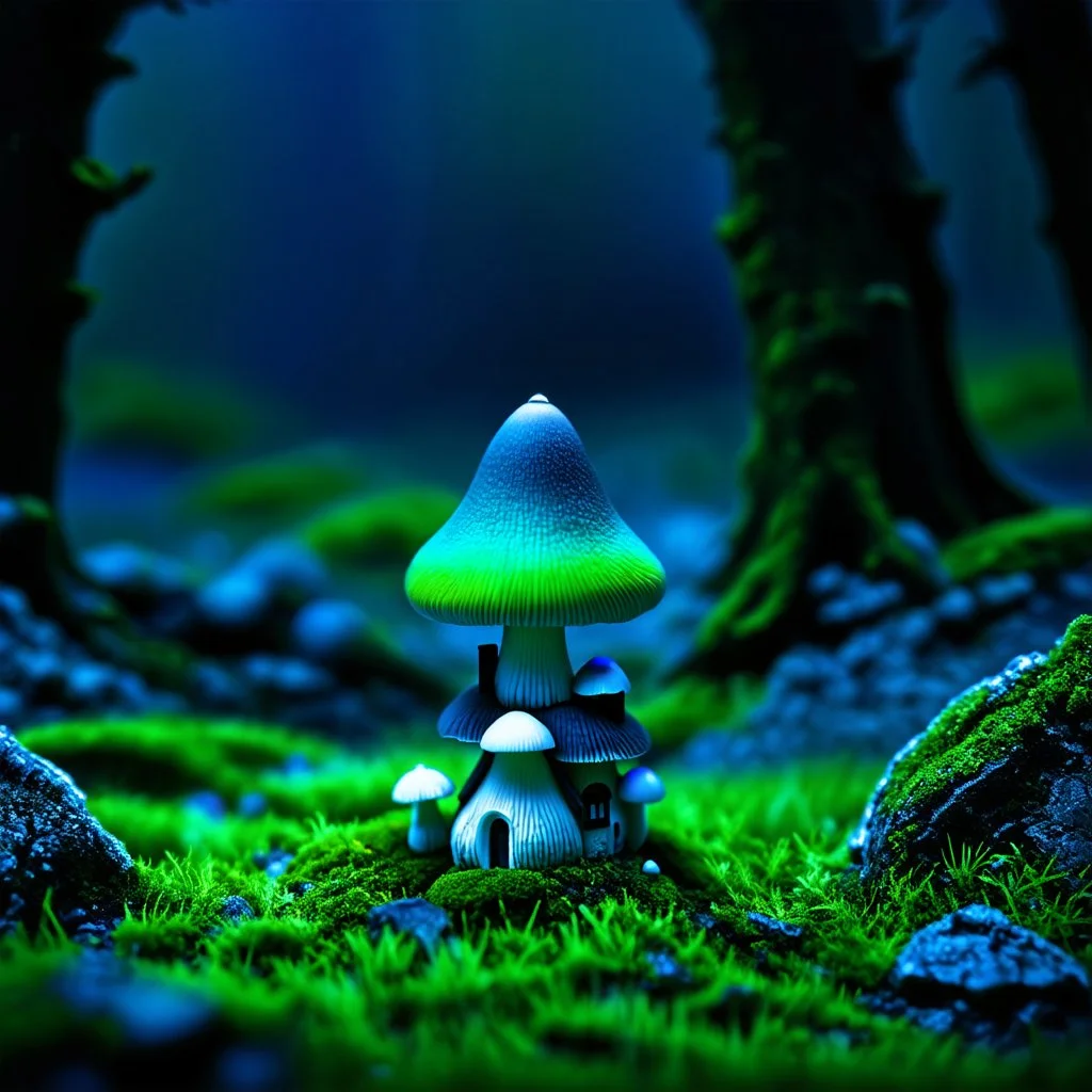 "Close up of a wonderful tiny Mushroom Tower home. indigo and green with bright white, deep black and contrasting tones of gray. Illuminated bioluminescent forest. Professional painter, master at composition. small but detailed. broken, blurred background, voluminous lighting"