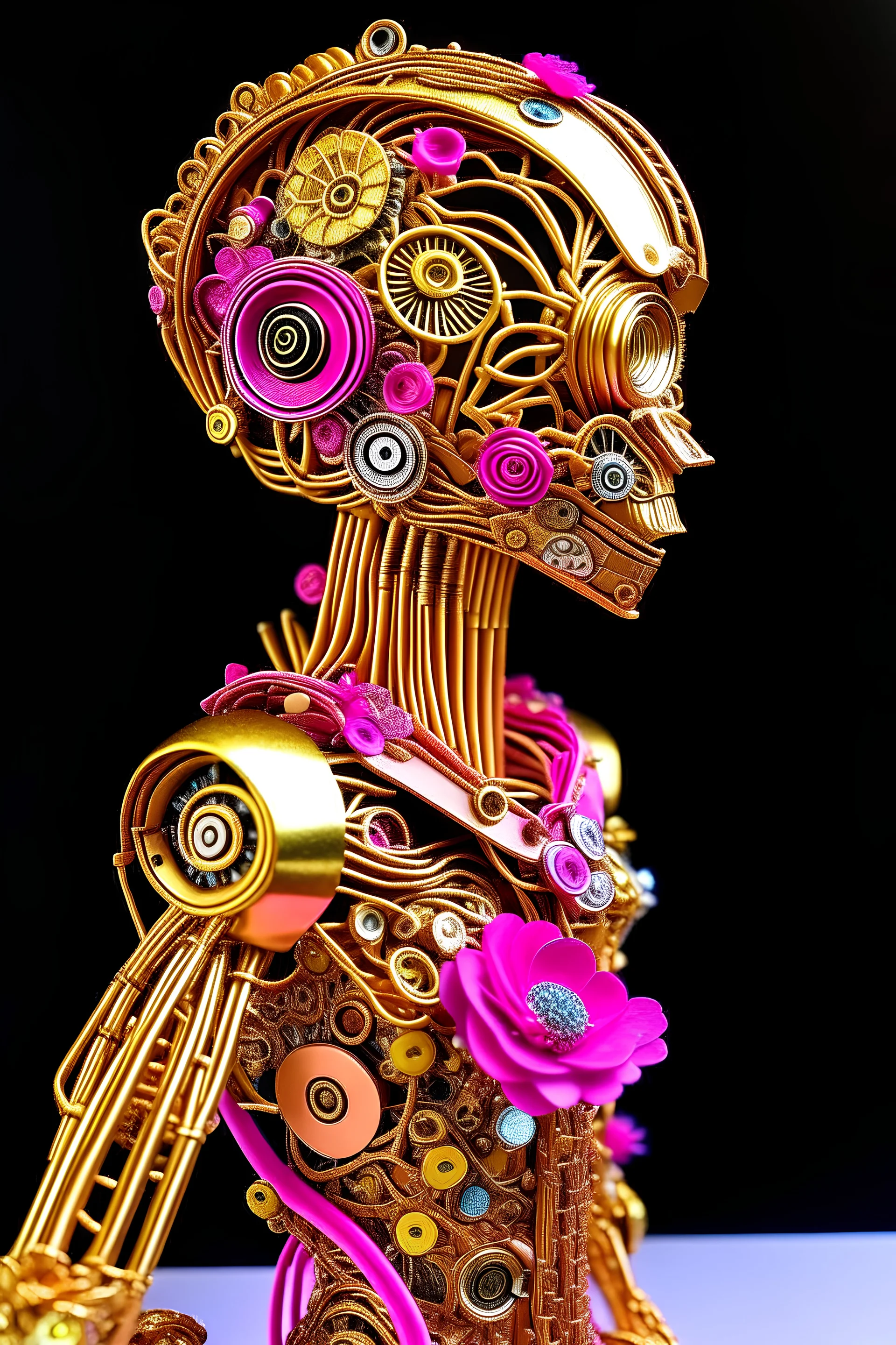 "AI, the Universe, and Everything"; is a pink gold metallic robot wearing a designer suit decorated with quilling found in nature such as feathers, foliage, flowers, and shells; Abstract art; Mixed Media; quilling