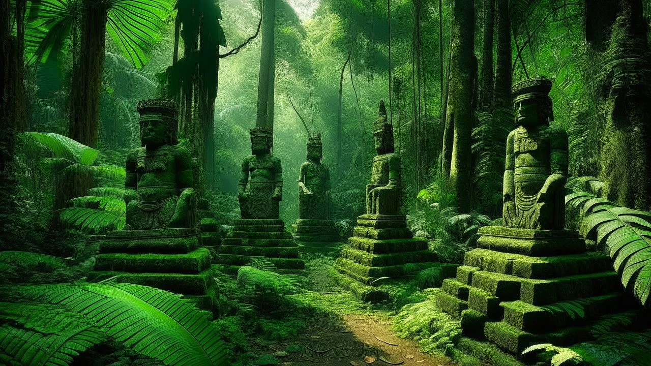 In the heart of the dense jungle, towering palm trees sway in the breeze, their lush green leaves casting dappled sunlight on ancient blue statues hidden among the foliage. These mysterious figures, weathered by time, seem to whisper secrets of a long-forgotten civilization.