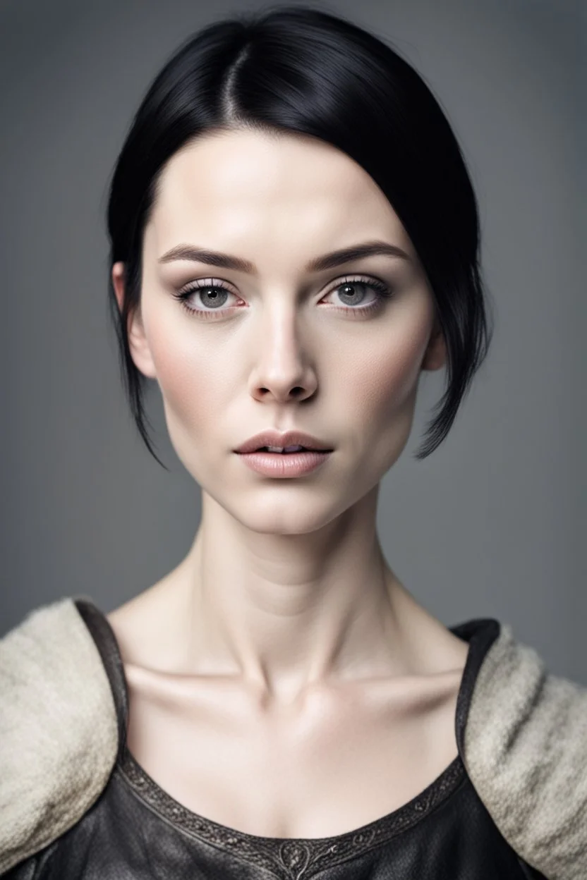 Scandinavian medieval 30 year old woman with black short hair, pale skin, pretty lips, muscular