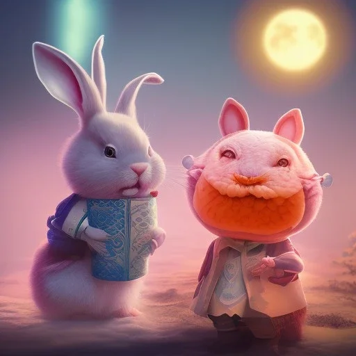 Cute anthropomorphic rabbit holding a mooncake in the diffuse moonlight, clouds swirling, octane rendering,--ar 3:4 - test - creative