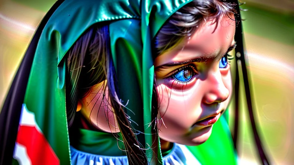 A girl wearing a Palestinian dress with tears in her eyes Her eye color is green Its color is brown Carrying the Palestinian flag