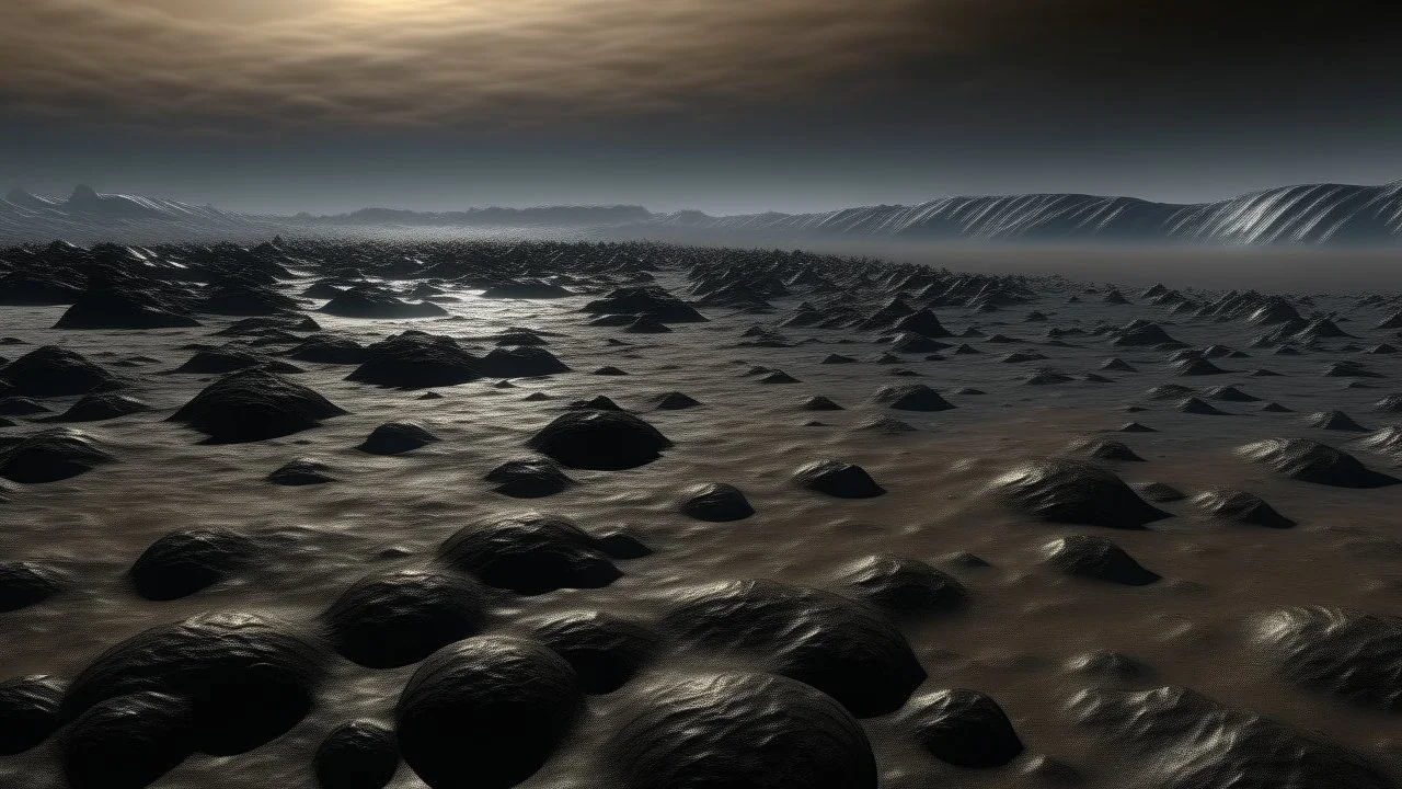 The shore of Lake Mercy on Pluto, littered with strange, crystalline formations, under a hazy, methane-rich sky, during a period of cryovolcanic activity.