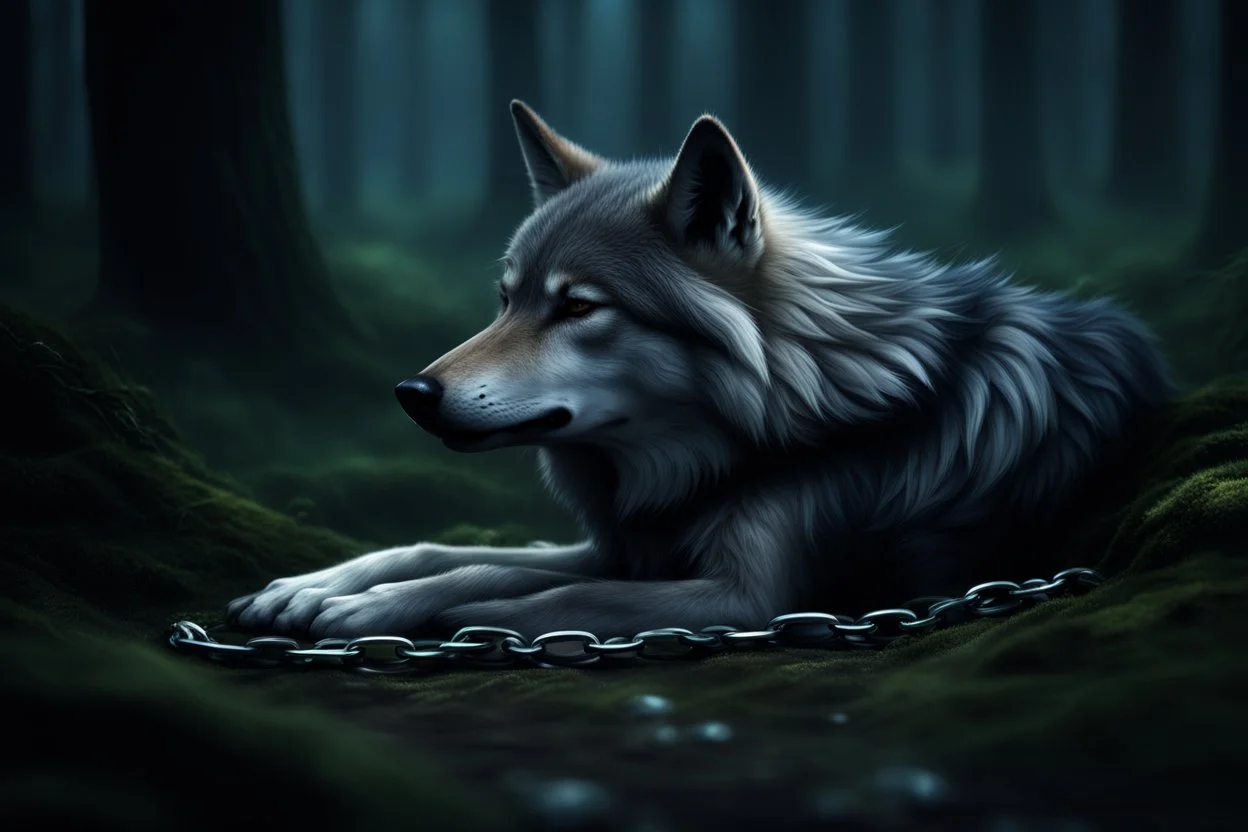 sad small scruffy wolf wearing a silver chain around its neck laying down eyes closed, photorealistic, 4k, dark fantasy, forest