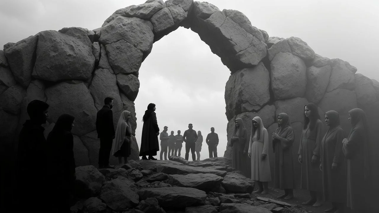 A depressing image, sad and emotional thought-provoking image of A rocky portal separates the world of color and the world of gray. Several people standing in the color world begging those in the gray All the people in the gray world are shades of grayscale. The 10 people in the gray are all sad and depressed several crying and weeping. Those beyond the portal in the color world are living and joyful.