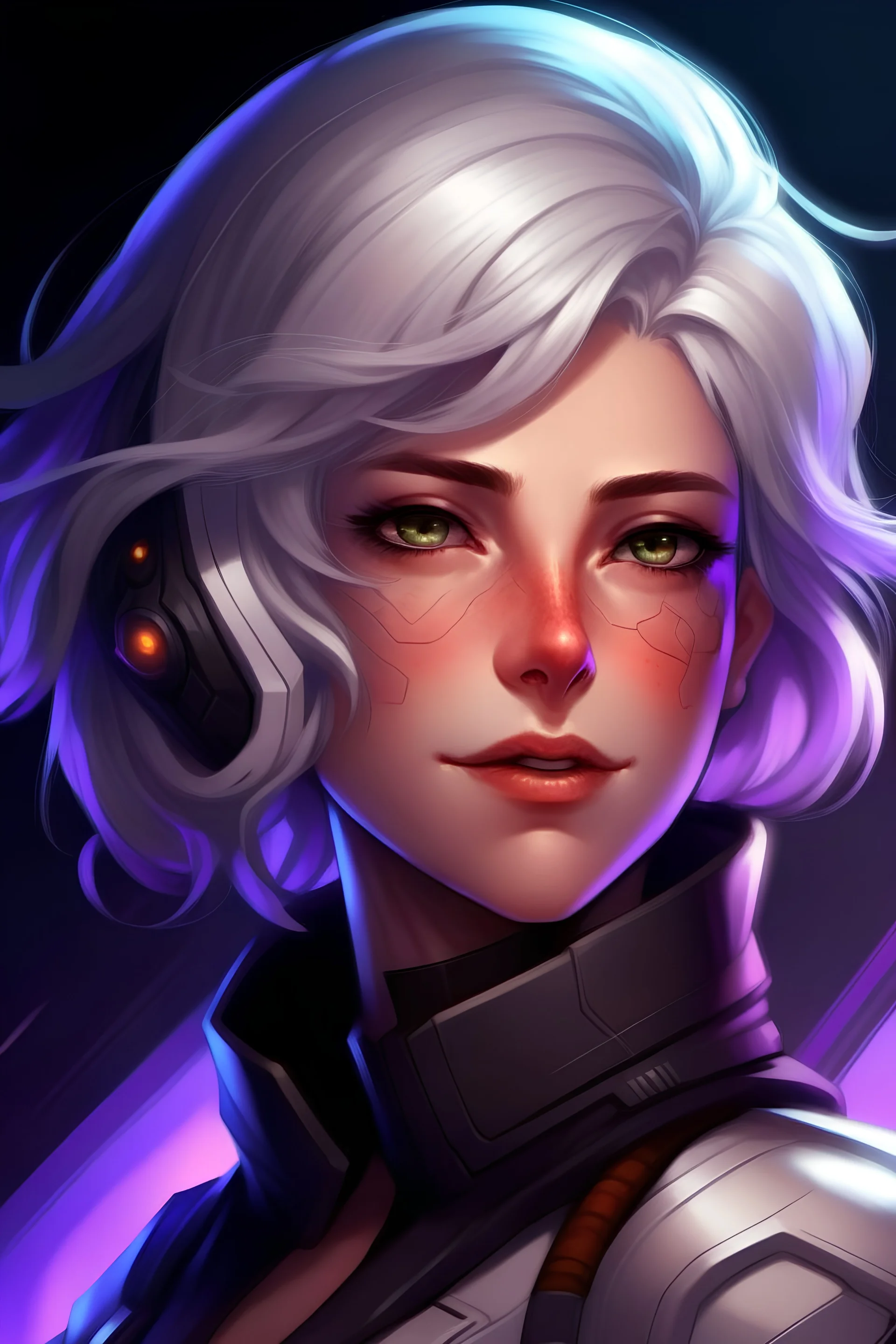 Galactic beautiful aged woman commander Ship deep violet eyed whitehaired