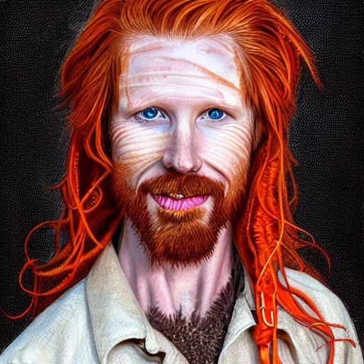 Portrait of Courtney Gains as a ruggedly handsome, joyful, roguish pirate, charismatic, attractive male, masculine, perfect, precisely detailed clear eyes, softly freckled face, unblemished, flawless skin; meticulously detailed multi-hued ginger carrot colored cherry fire red hair; fantasy, intricate, elegant, highly detailed, digital painting, concept art, matte, sharp focus, illustration, art by artgerm and greg rutkowski and alphonse mucha