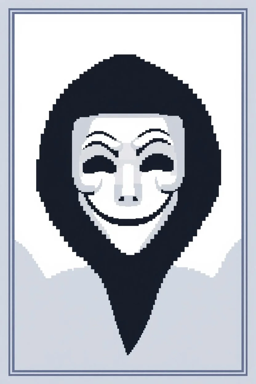 8 bit pixelart of a shadow figure with a white smooth wide smiling mask , noseless opera mask, no nose holes, no nose