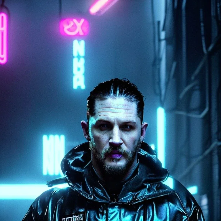 Actor, tom hardy, replicant man, blade runner style, rain, fog, neon ambient, gradient color, clean skin, circuits, latex coat, cyber punk, neon, tubes, portrait, studio photo, unreal engine 5, smooth color, 16 bit, god lights, ray tracing, RTX, lumen lighting, ultra deatail, volumetric lighting, 3d, finely drawn, hd.