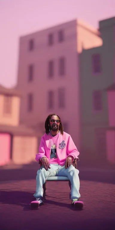 Snoop dogg, sitting. a chair. pink houses, pink sky, pink smoke, trees, outdoors. Groove street. 28mm