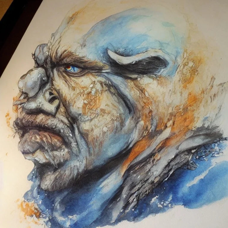 dungeons and dragons, fantasy, goblin, king, portrait, distinct face, ochre skin, watercolour, blue nose