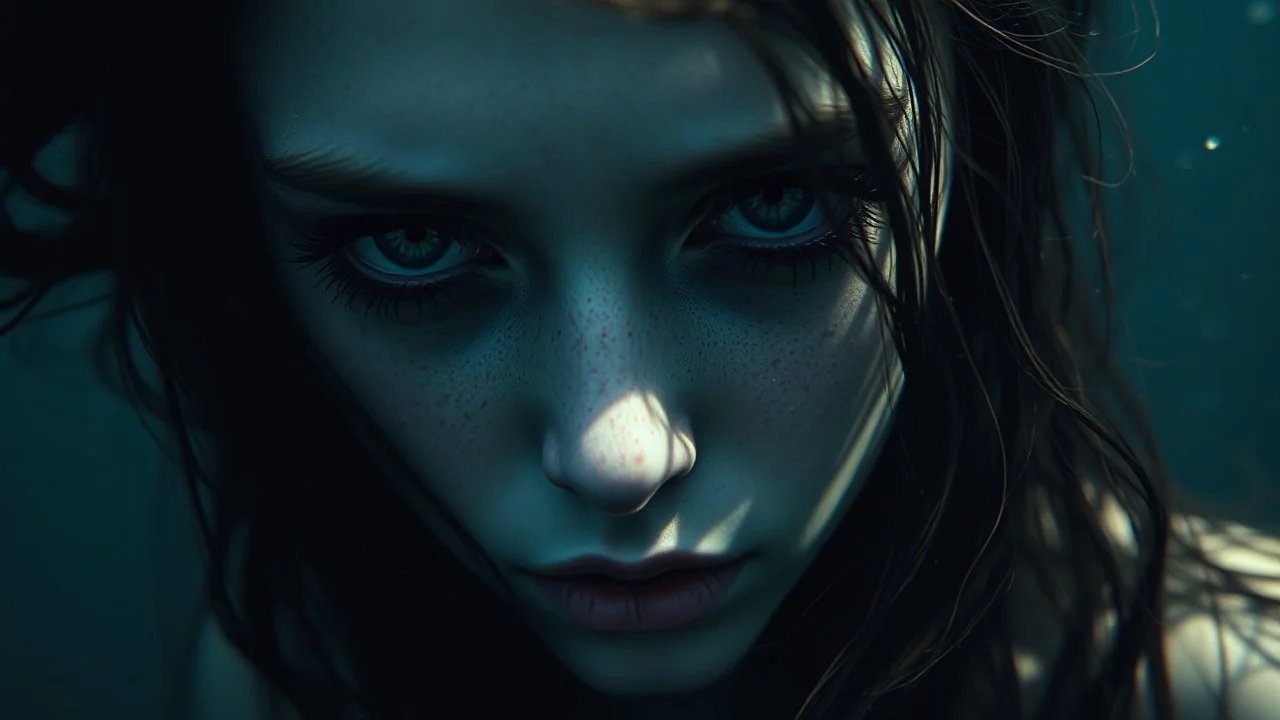 close up face shadow eyes, void, pain, hyper-realistic detail, floats in deep sea, Dark sea ten and in her hair, drils and shadow around, abyss, fog, Style crepy stunning, dark, surreal vibe underwater and meticulous detail clean pale skin and face. dark shadow and weird mood