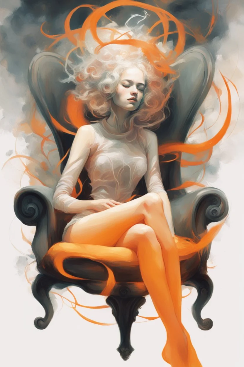 An ethereal, futuristic illustration of a woman in a state of musical immersion, with her eyes closed and a serene expression. She sits in a living chair that is alive with organic shapes and glowing orange elements, ready to embrace her. The background is soft and surreal, contributing to the otherworldly mood., by Ryohei Hase, Agnes Cecile, Raymond Swanland, Anne Bachelier