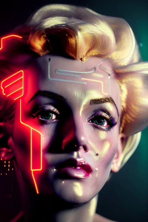 Ultra Realistic image, portrait, blonde woman, sweet Marylin Monroe face, perfect iris, glow eyes, gold makeup, wires attached to head. Cyberpunk style, latex coat, fog, rain, soft color, highly detailed, unreal engine 5, ray tracing, RTX, lumen lighting, ultra detail, volumetric lighting, 3d, finely drawn, high definition, high resolution.