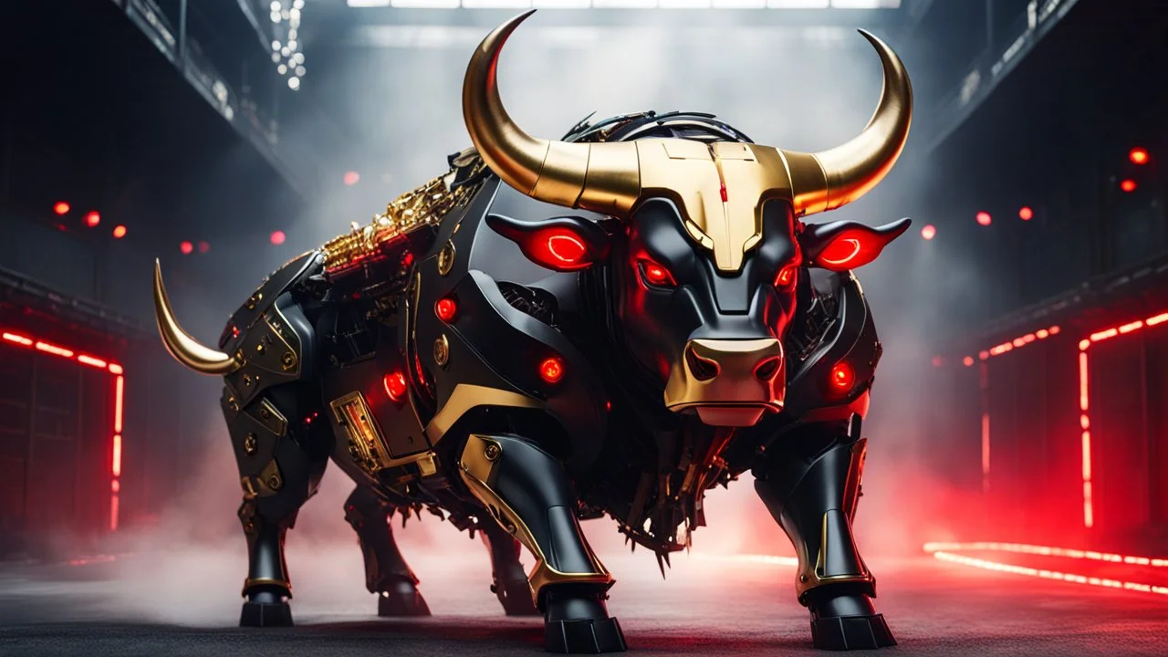 an advanced robot bull, with weapons, red led eyes, black color, golden horns, angry, in a bullring