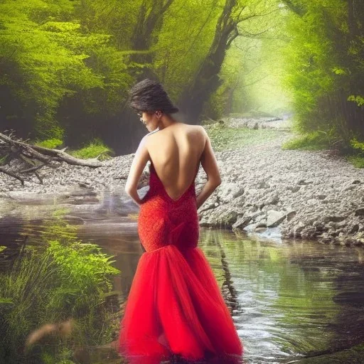 a beautiful woman in a sensual dress posing by a creek in a fantasy forest