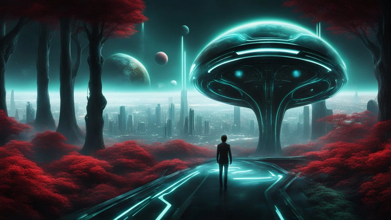 hyper realistic, tron legacy movie, space ships of the future, city of the future, green nad dark red trees , forest, space, planets, god status creations of the universe, face of an alien