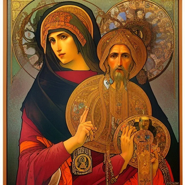 patron of photographers holding a camera in one hand and film roll in the other. orthodox icon with saint photographer. Cyrillic inscriptions. hyperdetailed, Alphonse Mucha, Zdzisław Beksiński, poster, illustration, ink, oil on canvas, 18th century atlas