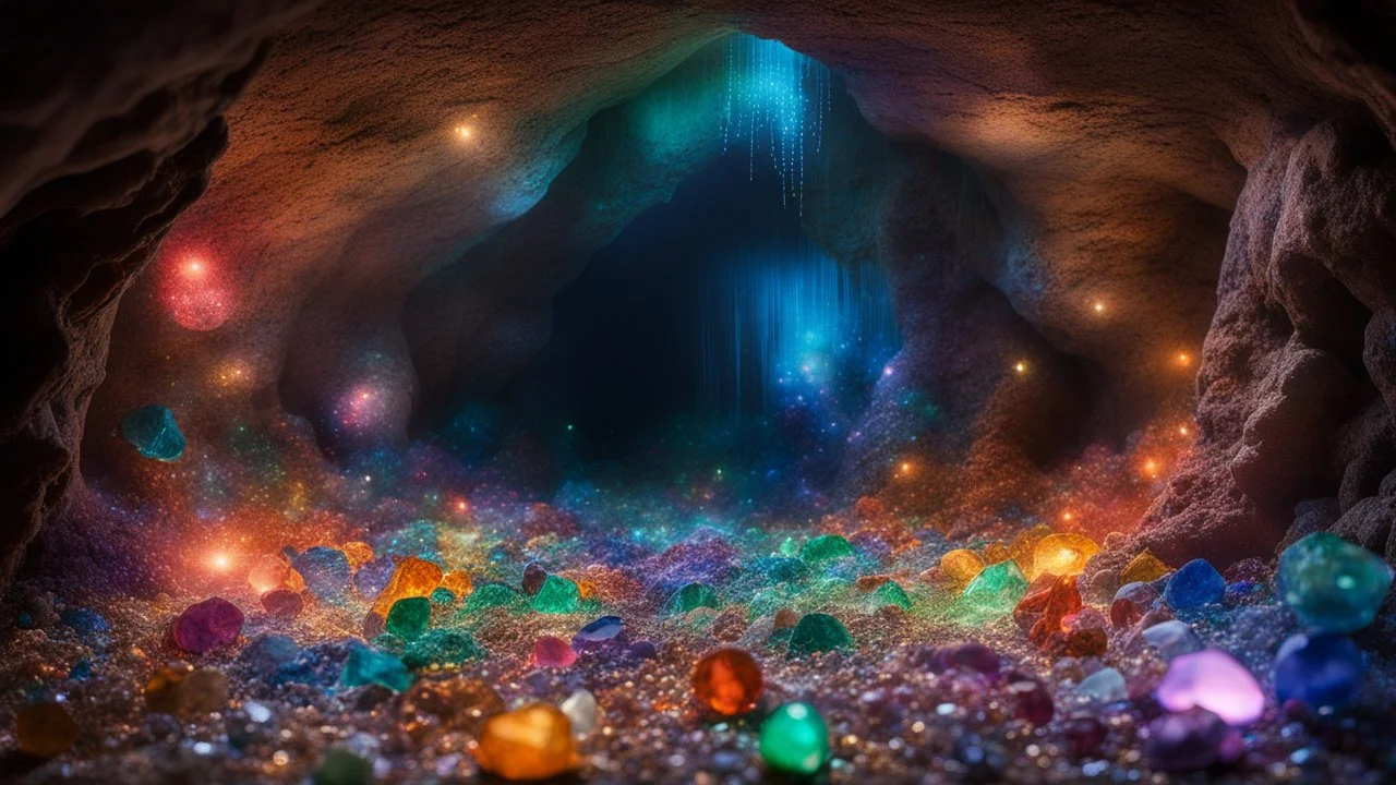 dream world, massive underground cavern, thousands of tiny multicoloured gemstones, twinkling lights, calm beauty, fantasy world, magic, night, darkness, splendor, uplifting, inspiring, therapeutic, chiaroscuro, color, award-winning colour photograph, beautiful composition, Nikon 85mm