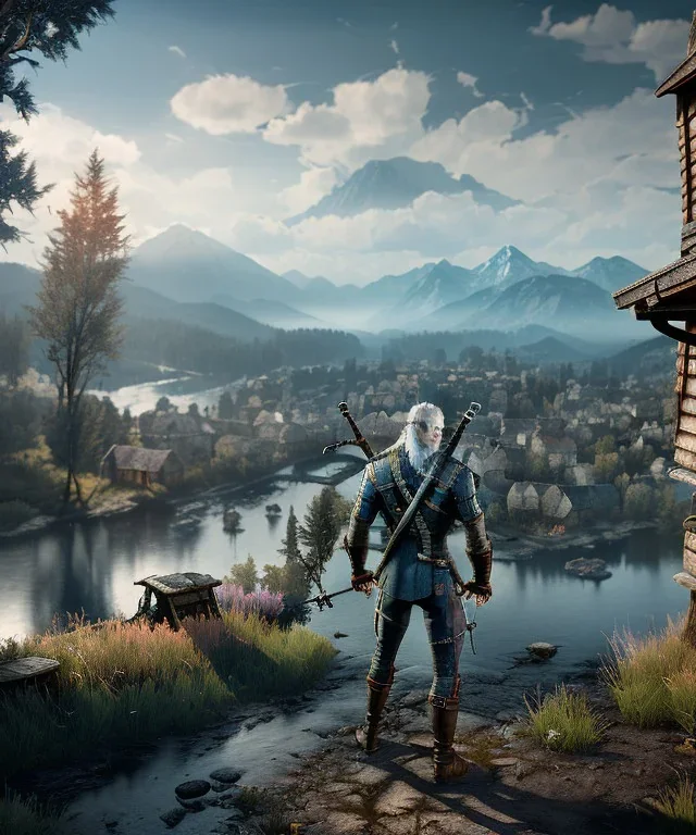 The Witcher, Geralt of rivia, full body, dramatic lighting, Wes Anderson style, hyper realistic, unreal engine 5