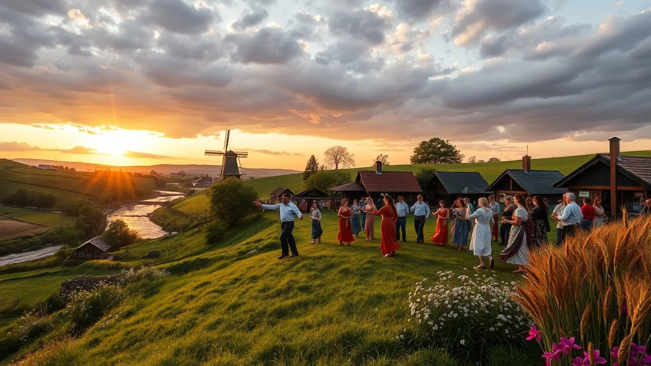 group of people are dancing in a national celebration in a village over high grassy hills,a small fall and river and wild flowers at river sides, trees houses ,next to Ripe wheat ready for harvest farm,windmill ,a few village local shops .people are dancing in a national celebration,cloudy sun set sky,a few village local shops