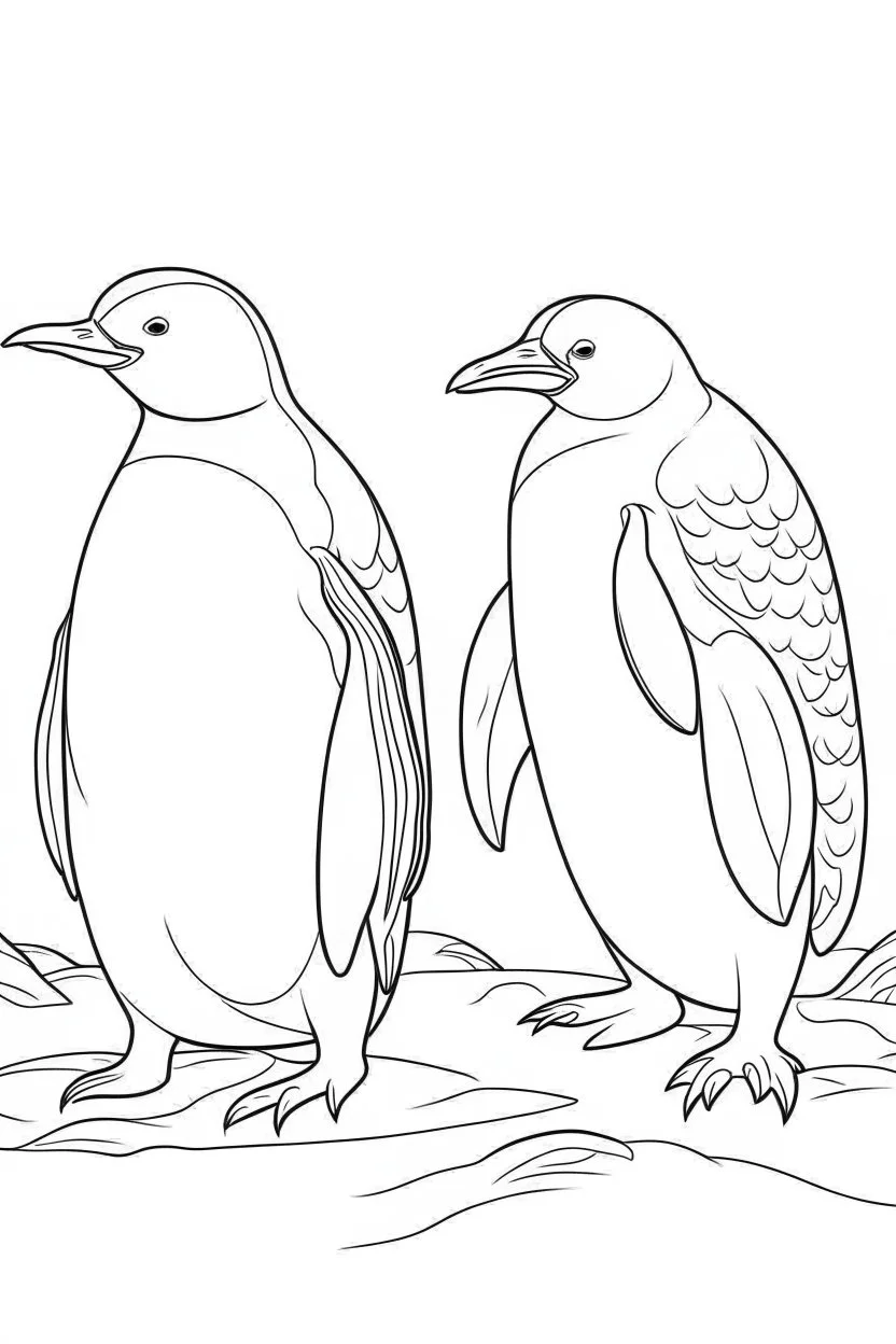 adorable penguins in the icy Antarctic, clean line art, monochrome, for kids coloring book, white background