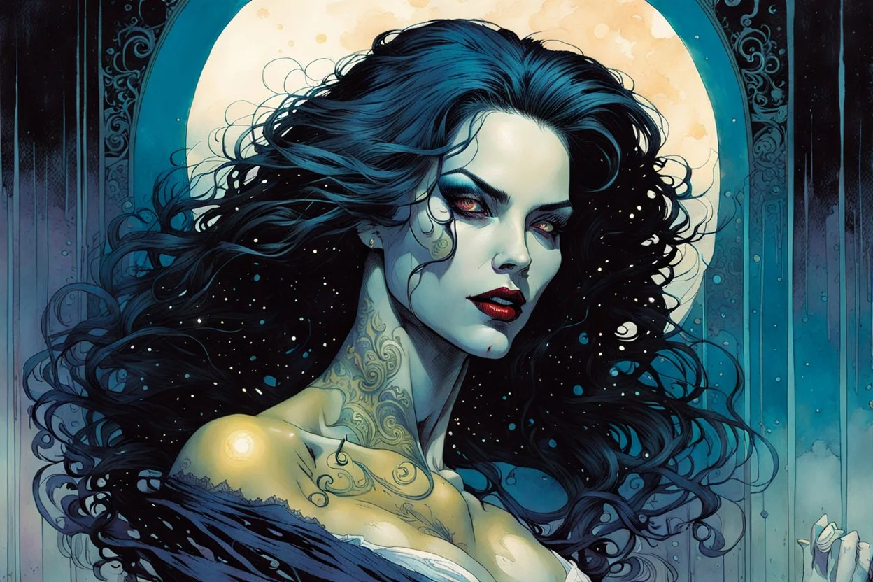 create a fine art print illustration of a seductive, Semnoni female vampire seeress, clothed in an ornate but ragged bliaud with highly detailed feminine facial features, bathed in a dread, pale light , shrouded in a fetid mist at midnight , in the comic book art style of Bill Sienkiewicz, and Jean Giraud Moebius, finely textured, drawn, colored, and inked