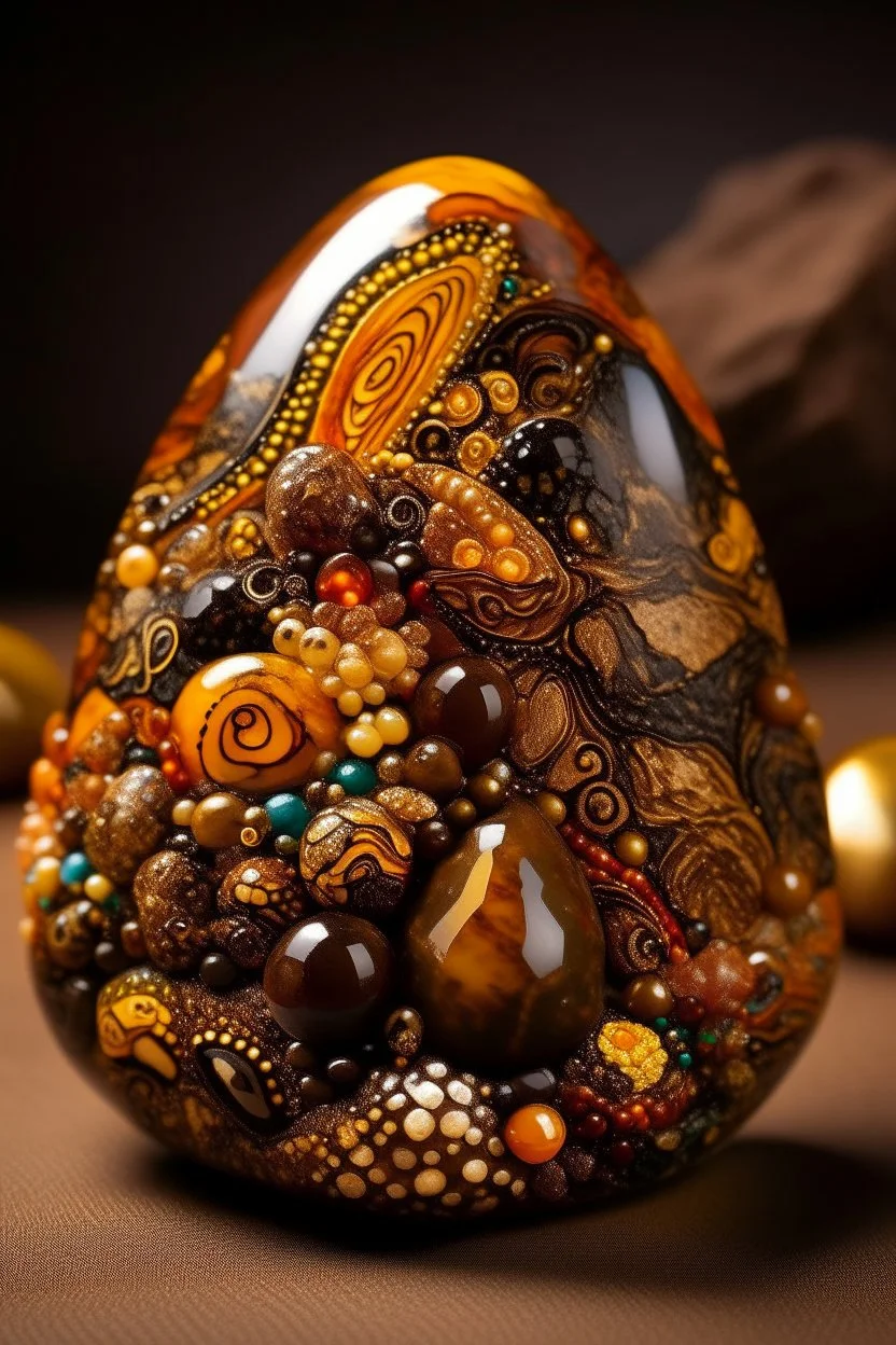 A brown mountain with amber stones designed in African masks painted by Gustav Klimt