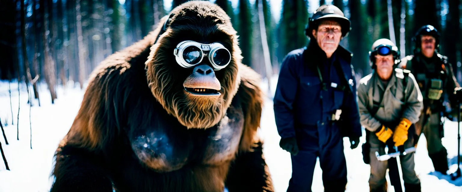 close up of a bigfoot in goggles in documentary photography, burned trees, Wildfire, Smoke, burning, forest fire, August 1995, Yeti, Dystopian, Japanese, Extreme depth of field, bokeh blur, Alberta, all-natural, in the style of candid, imperfection, natural lighting, Professional shot, shot on Agfa, Fuji Film, Anamorphic lens --ar 4:5 --w 150 --style raw