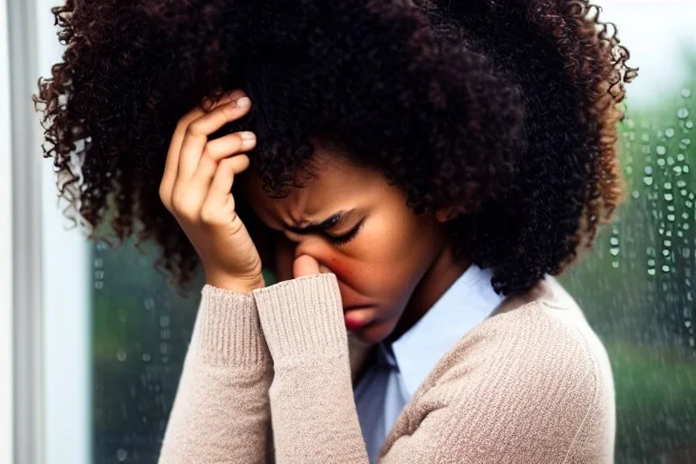 Crying girl, sad, expressive, emotive, frowning, furrowed eyebrows, pouting lips, African American, curly hair, looking out rainy window,