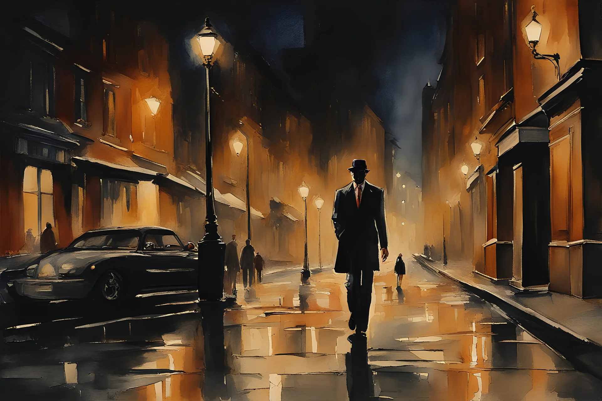 Create a watercolor painting capturing a late-night scene on a dimly lit street. The focus is on a man dressed in an elegantly tailored suit, walking with poise and a sense of purpose. His figure is partially illuminated by the soft glow of distant street lamps, casting long shadows on the wet pavement beneath his feet. The street is otherwise shrouded in the deep blues and blacks of the night, with a hint of mist adding to the atmosphere of solitude and introspection.