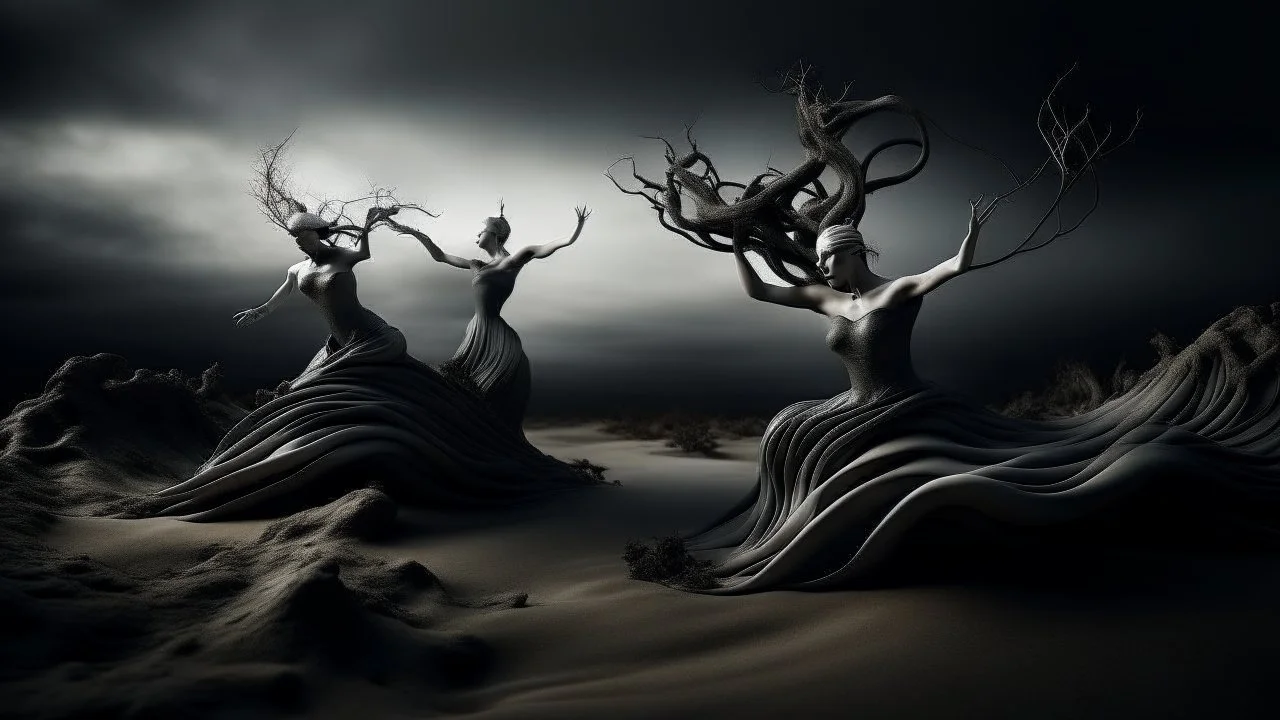 A surreal landscape with floating figures in contorted poses, against a dark background