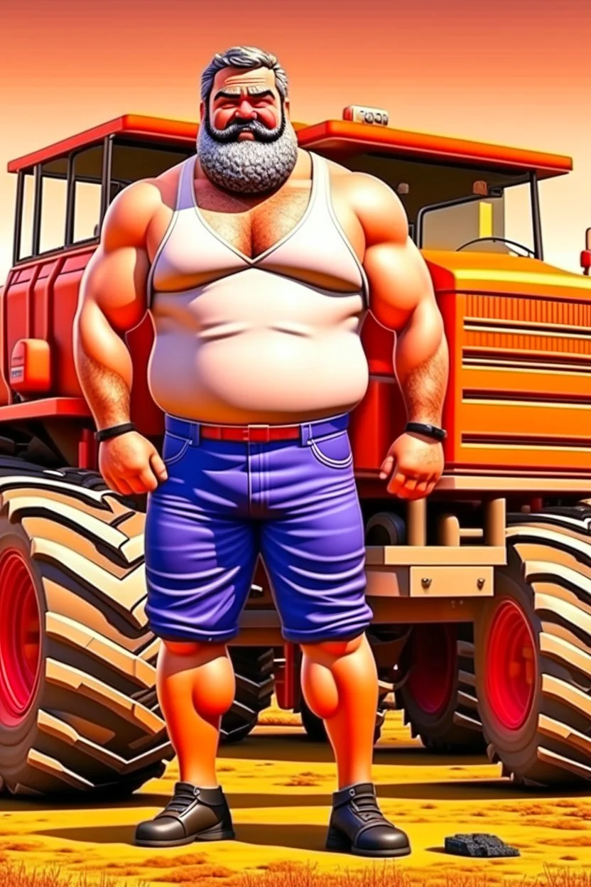 full body of a 50 years old muscular chubby arab farmer shirtless with a very big bulge and hairy under the sun near a tractor hyper-realistic