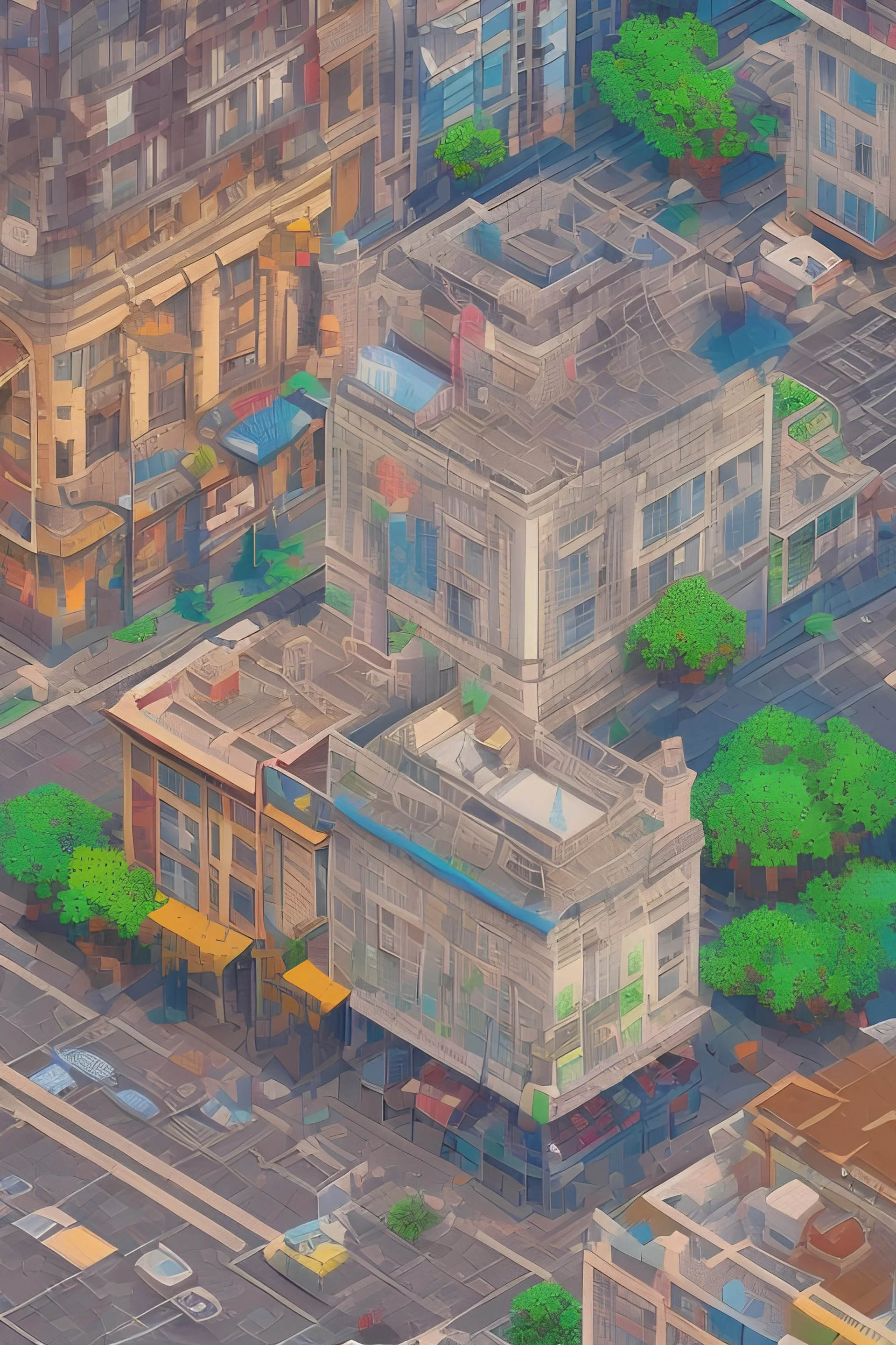 detailed pixel art illustration of a mid-rise building in San Francisco, by eBoy studio, in the style of pixorama, detailed coloring, detailed, lots of people, sunny day, busy neighborhood