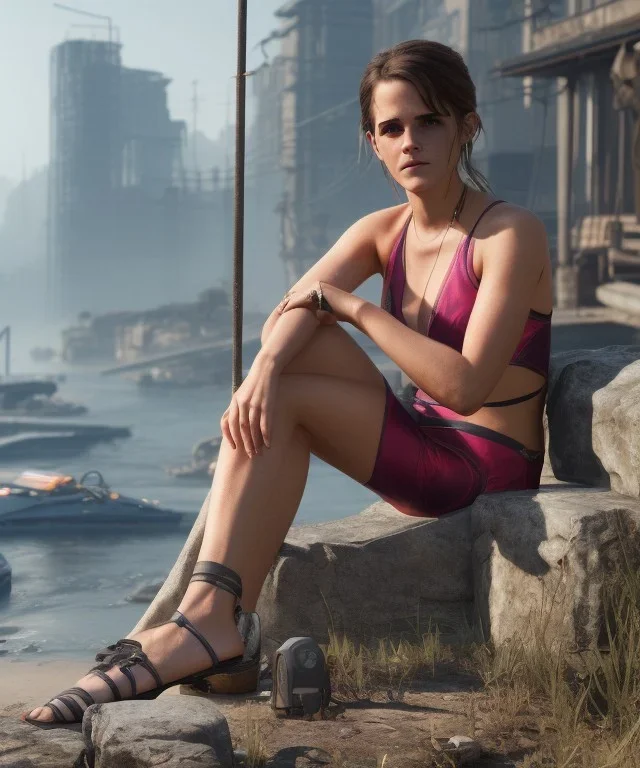 Emma Watson, full-length, in a swimsuit, cyberpunk 2077, photorealistic illustration, 16k