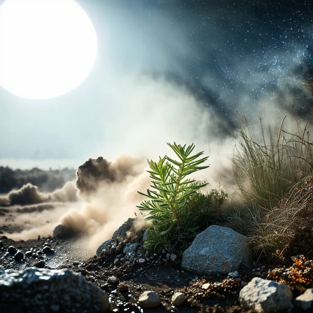 A striking quality Kodak photograph captures a wasteland with liquid and stars, Amano, Ernst Haekel, Mucha, creepy, details of the dust and liquids very accentuated, glossy organic mass, vegetation, adorned with minerals and rocks. Bathed in intense light, eerie, Max Ernst style, white sun, fog