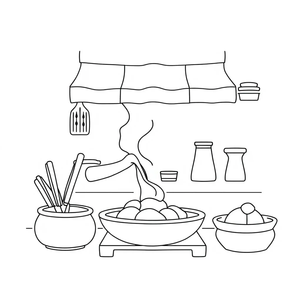 outline art for a Cozy Japan Cozy kitchen making mochicoloring page, white background sketch style, full body, only use outline, clean line art, white background, no shadow, clear and well outlined, realistic,no colors,