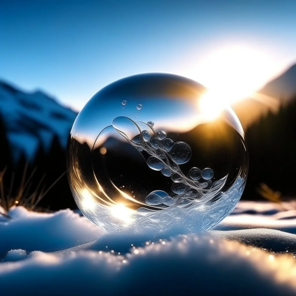 Frozen bubble in front of a snowy mountain landscape, the bubble has wonderful icecrystals and the sun is shining, frozen, cold outside, beautiful small ice flowers in front of the bubble