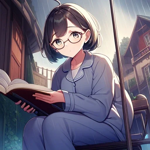 anime girl sitting on a porch swing of an old house, journaling, wearing pajamas, writing in a book, shes watching it rain, more detail on hands and her face,shes deep in her thoughts, wearing glasses, rain drops, she has a pencil in her hand and is writning in the book, she is looking down at what she is writing