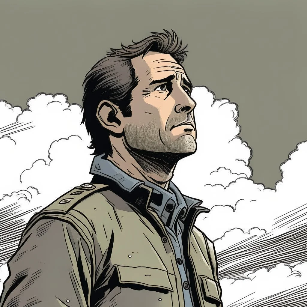 man, chevy chase, looking at the sky, looking serious, comic book, post-apocalypse, grey background, illustration,