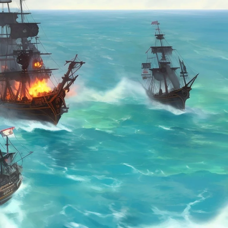 Two pirate ships fight each other at sea. Firing cannons. One ship is hit and burns after being hit.