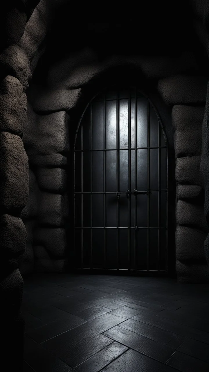 Inside of a dark dungeon with grey stone floor and a heavy steel door. the only light comes from a small barred window high on the wall. Dark fantasy. gothic. photorealistic. 4k