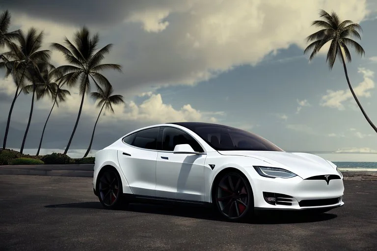 A Tesla 'Model 3' is parked, at the beach of Waikiki in Hawaii. CINEMATIC. WIDE ANGLE LENS. PHOTO REAL.