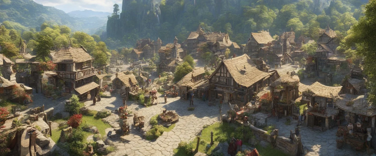 A busy market in a beautiful surreal sunny countryside scene with distant hills, many conjoining intricate characterful dwellings (designed by Esher) with walkways & stairways, many paths, waterfalls & a waterwheel : ultra high detail, photorealistic, epic cinematic, 8K, Large depth of field