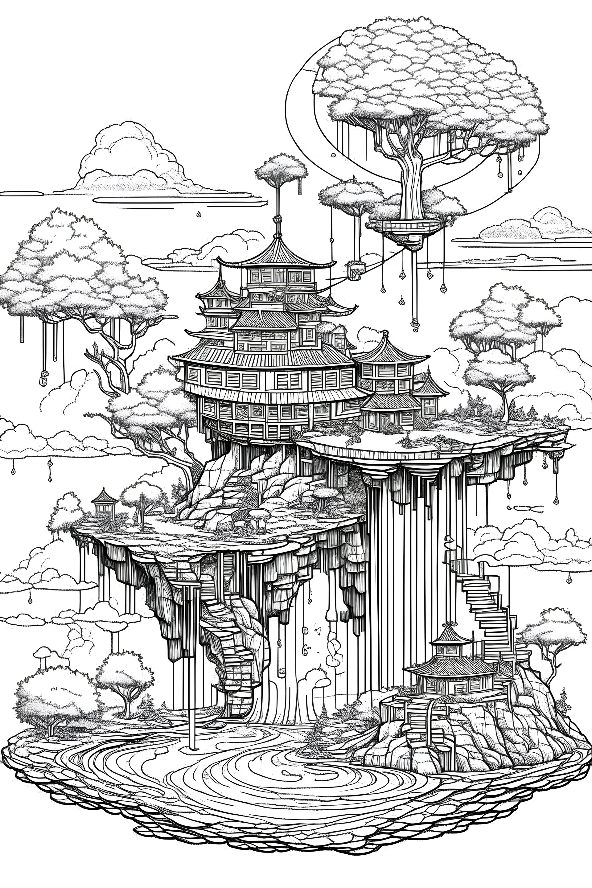 Illustrate a small house on a floating island in the sky. Include waterfalls cascading off the sides and a bridge connecting it to another floating landmass coloring pages for adults ar: 8.5 100