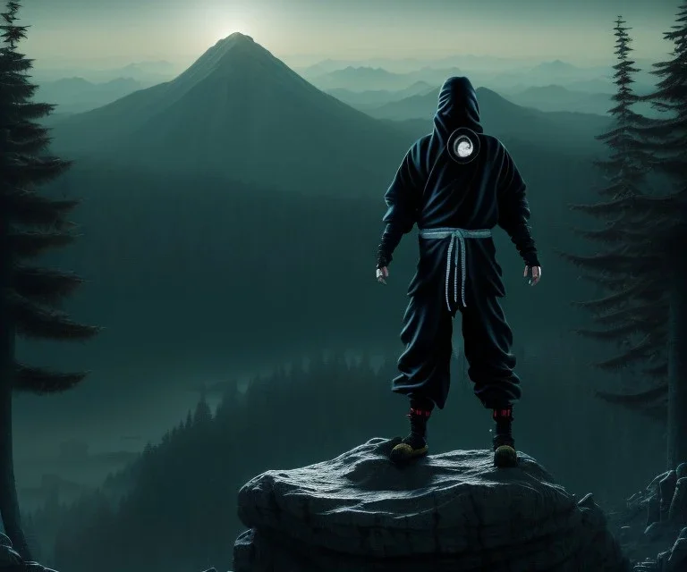 Ninja portrait , no face, black jogging suite , in the night Alps , holding coins , angels background, volumetric gold light, high detail, dark leaf tree, dark mountains in background, perfect, HR Giger style