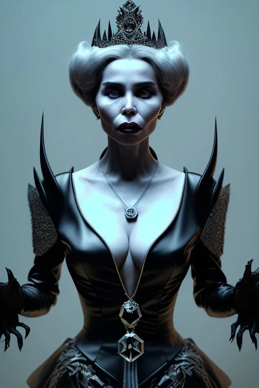 Constance Langdon as evil queen in black leather, leather, busty, cleavage, angry, stern look. character design by cory loftis, fenghua zhong, ryohei hase, ismail inceoglu and ruan jia. unreal engine 5, artistic lighting, highly detailed, photorealistic, fantasy