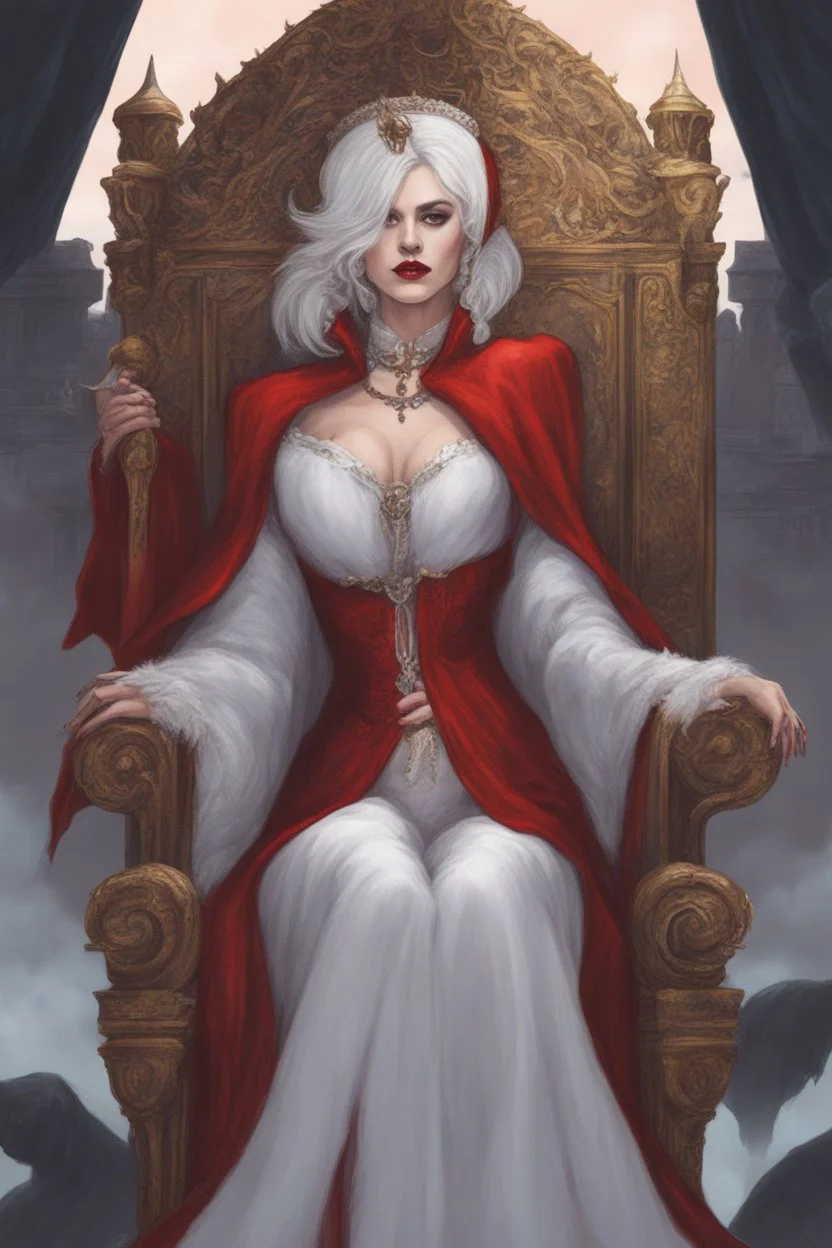 Beautiful white haired Vampire queen on her throne, drawing. Wearing a red cloak with a fur collar