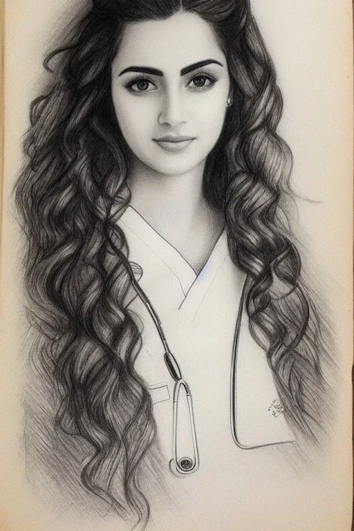 Pencil sketch of Young woman , nurse , Arab features,sad, long wavy hair, full body، on lined paper